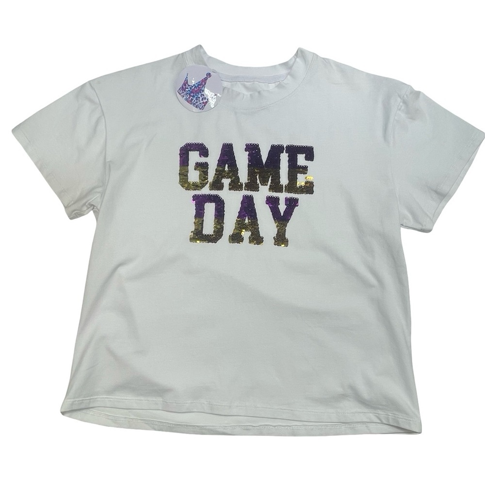 NWT Azarhia Reversible Sequin Game Day T-Shirt Purple Gold Black Gold